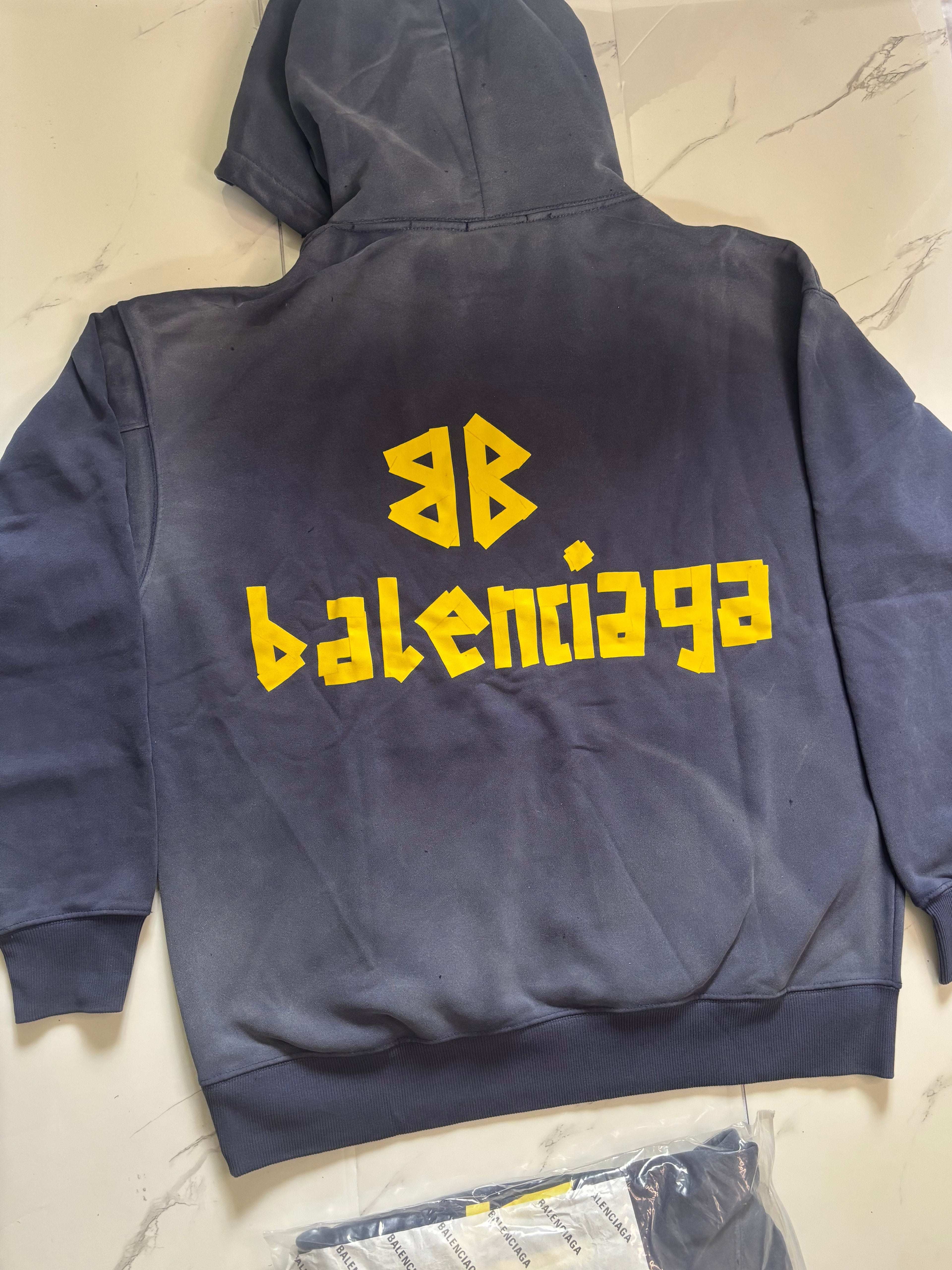 BALNCIAGA YELLOW TAPE bule faded hoodie Distressed