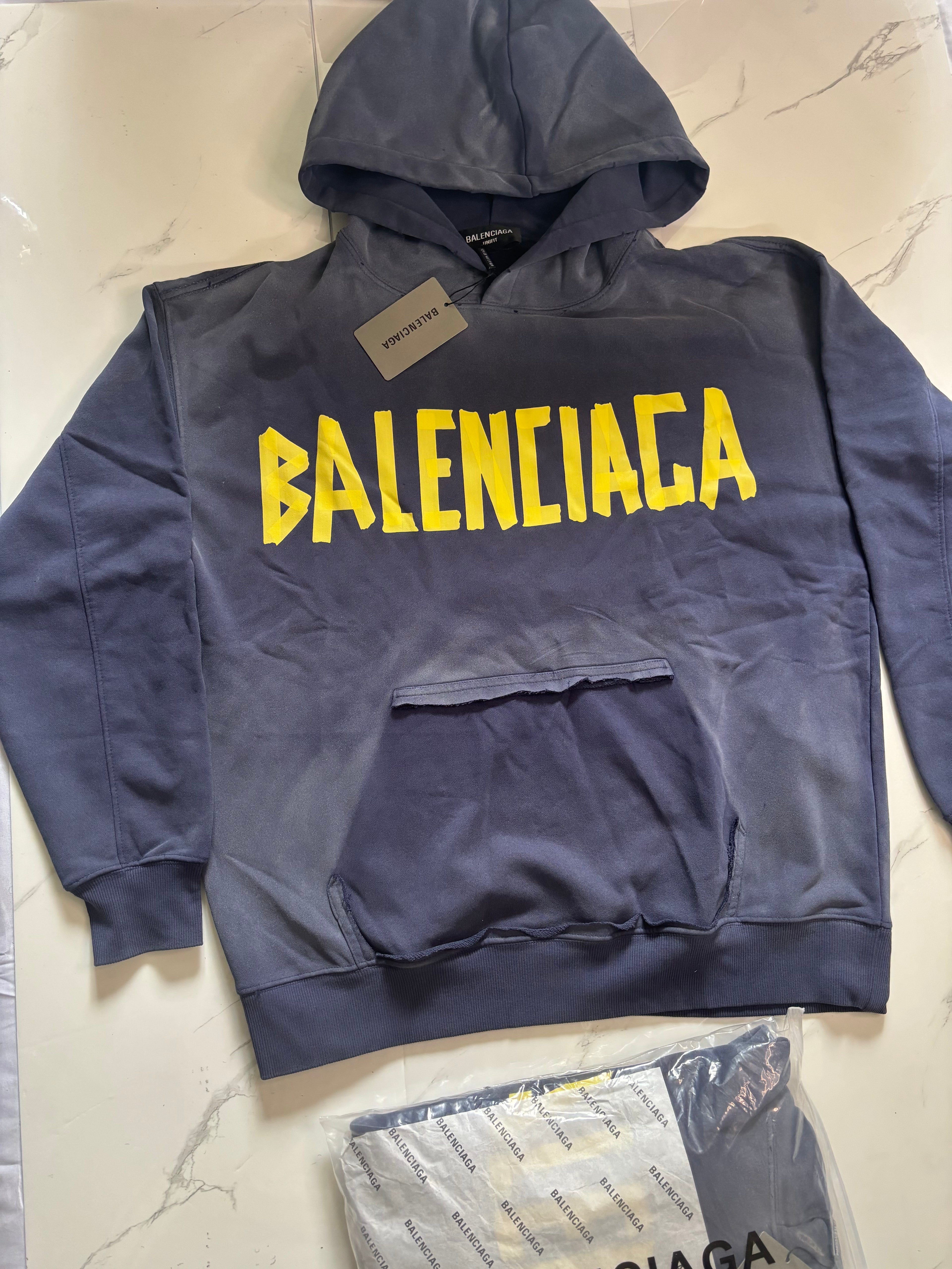 BALNCIAGA YELLOW TAPE bule faded hoodie Distressed