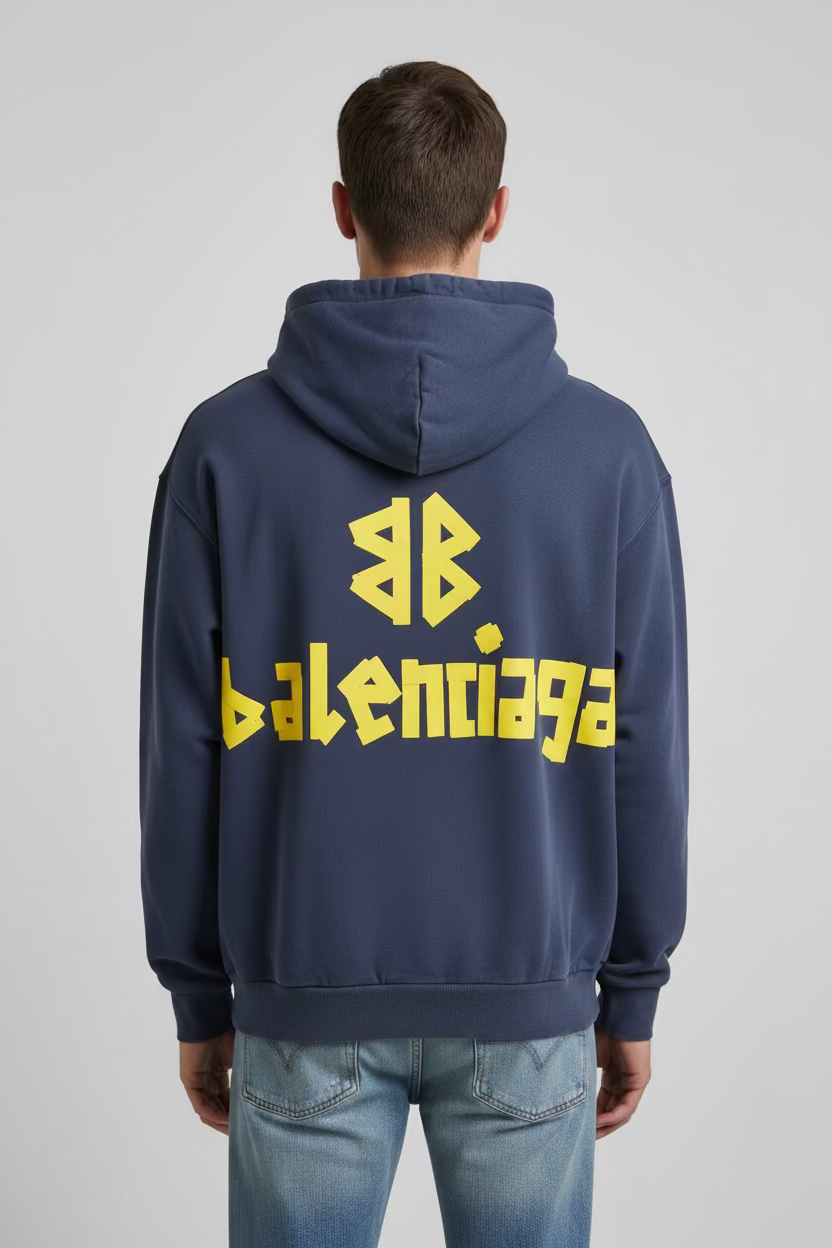 BALNCIAGA YELLOW TAPE bule faded hoodie Distressed