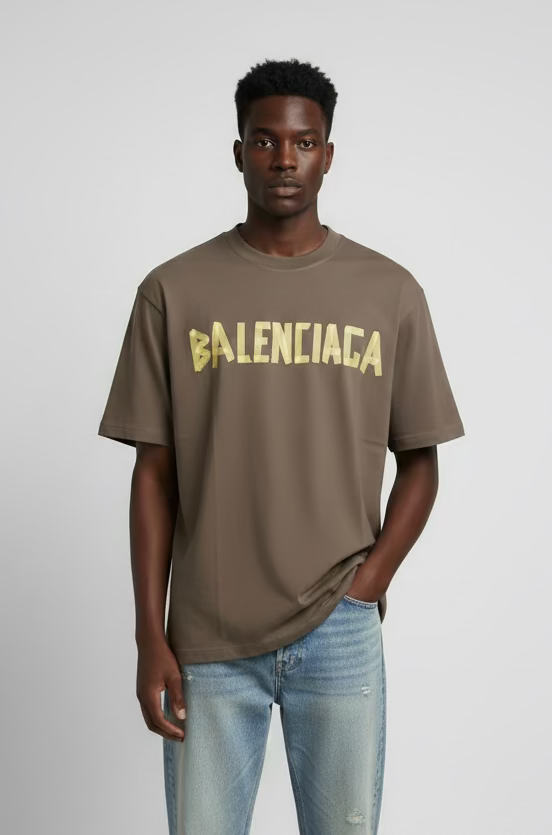 BALNCIAGA YELLOW TAPE tan t shirt