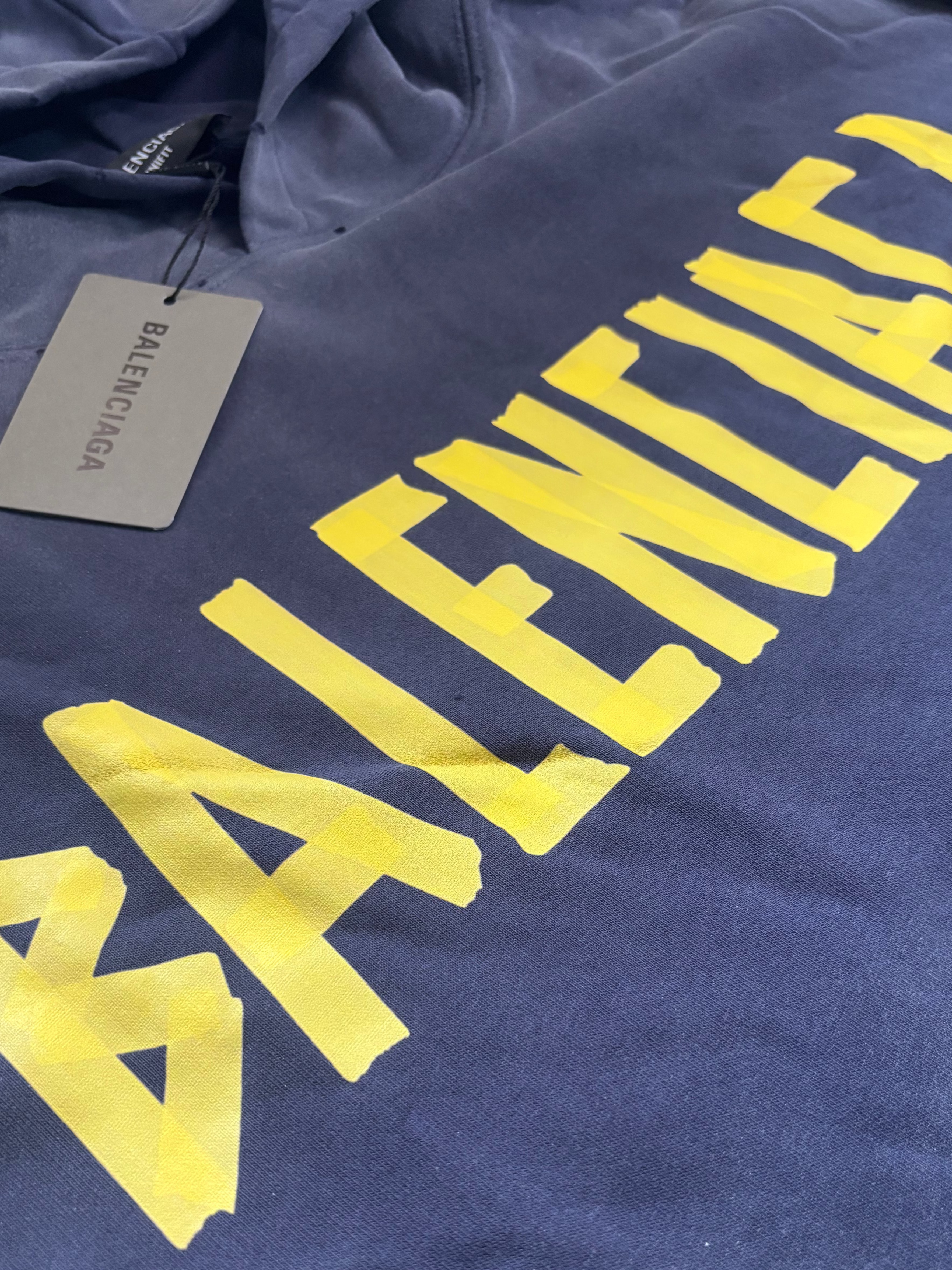 BALNCIAGA YELLOW TAPE bule faded hoodie Distressed